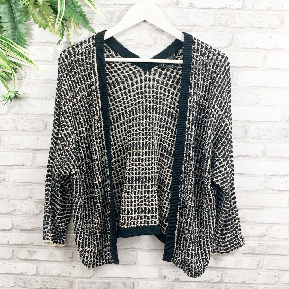Lucky Brand • Black & Tan Knit Open Front Cardigan